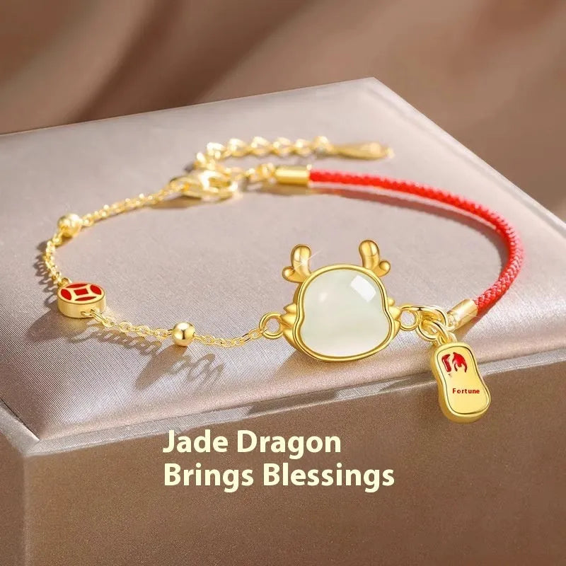Silver dragon zodiac bracelet with Hetian jade accents on copper core