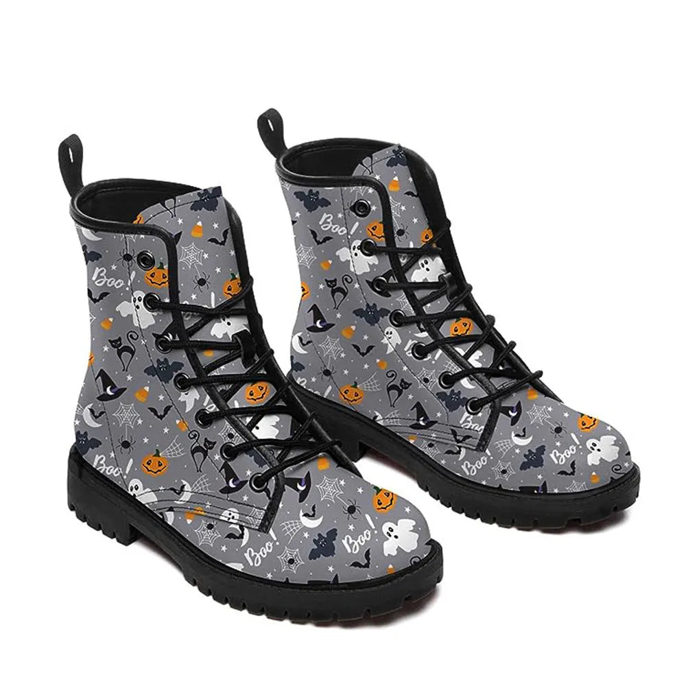 Women's Halloween cartoon printed boots in pumpkin 961 colour with square heel and front lace-up