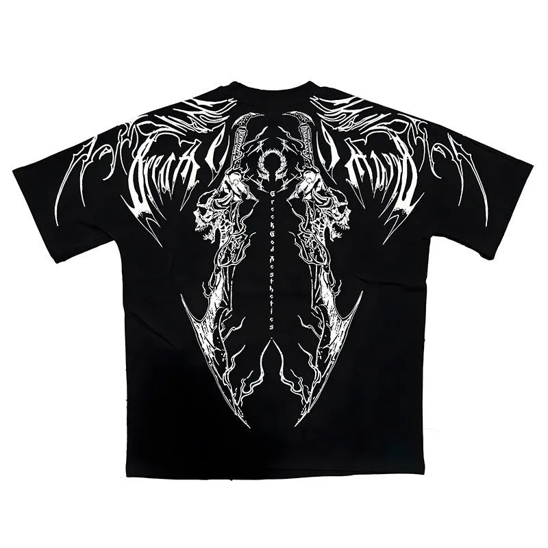 Dark loose fit plus size short-sleeved cotton t-shirt showing gilding detail on chest.