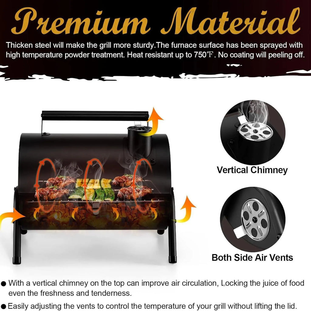 Small black folding desktop charcoal barbecue grill with a metal cooking grate.