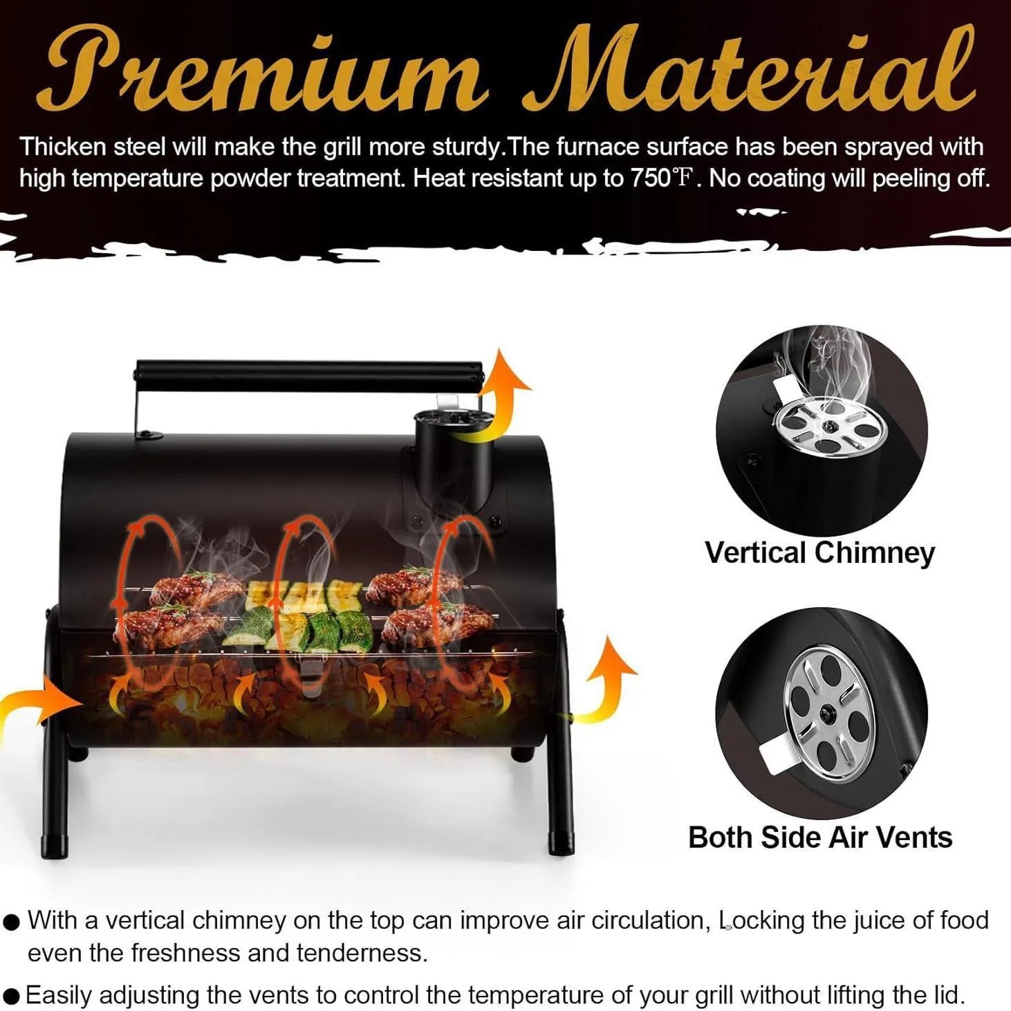 Small black folding desktop charcoal barbecue grill with a metal cooking grate.
