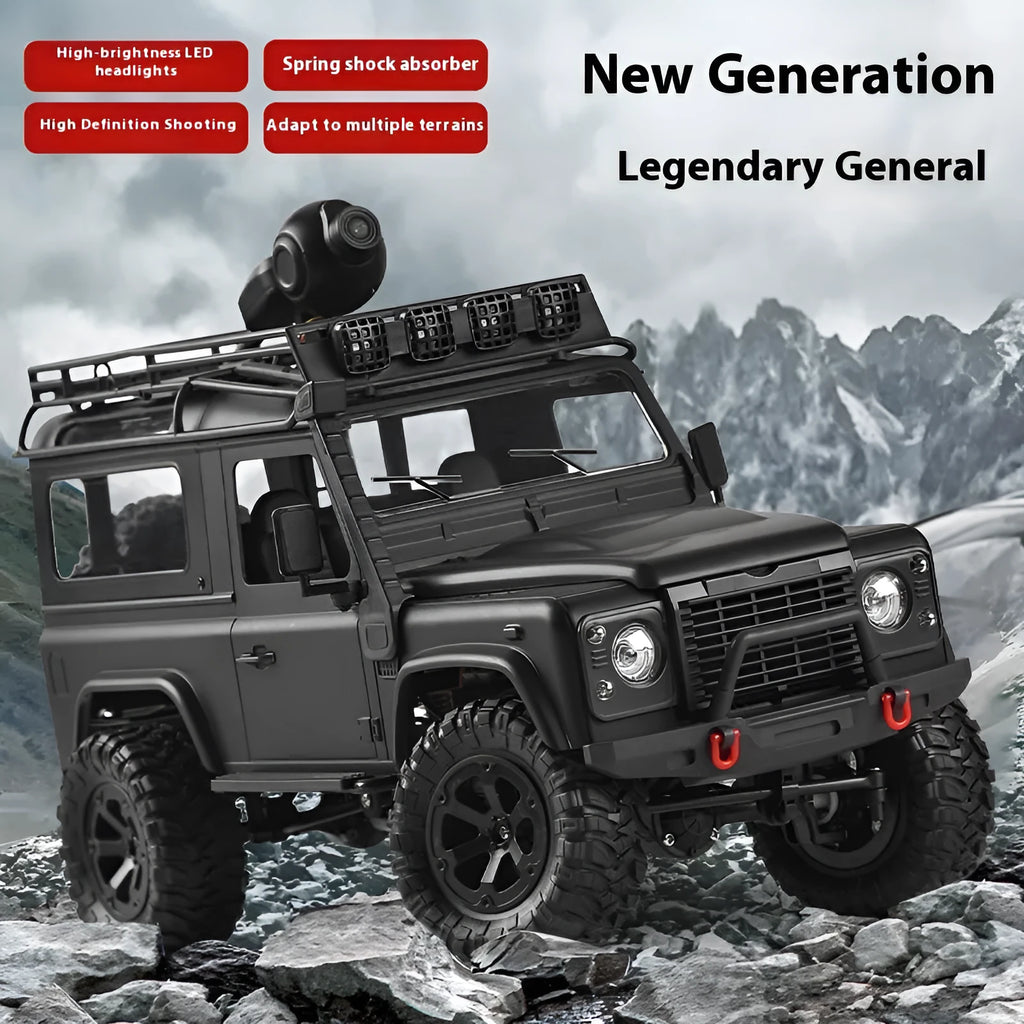 Four-wheel drive off-road RC car with controllable headlight, black, plastic body, with controller and camera on display