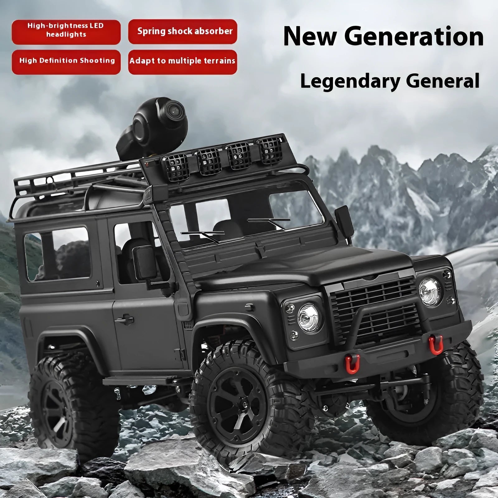 Four-wheel drive off-road RC car with controllable headlight, black, plastic body, with controller and camera on display