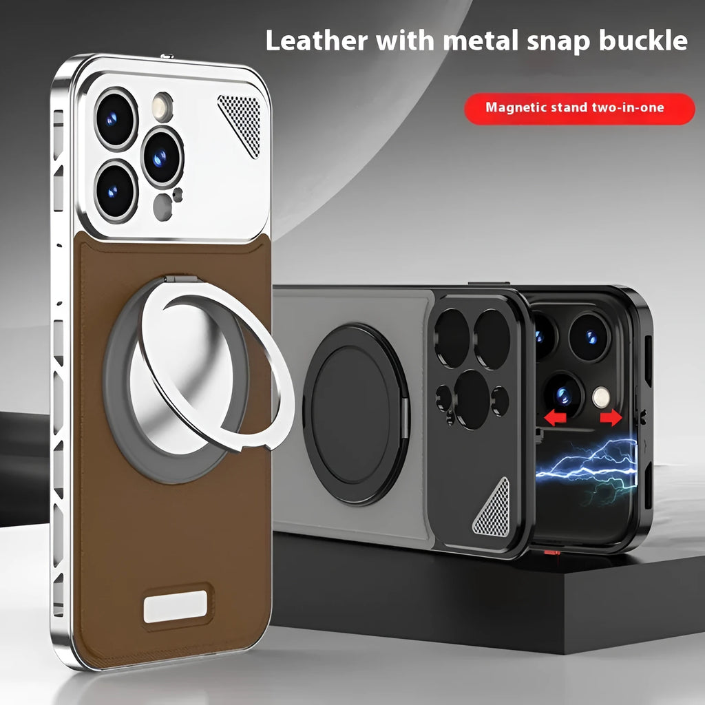 Aluminium alloy leather phone case with rotating bracket and magnetic suction in black, silver gray or brown