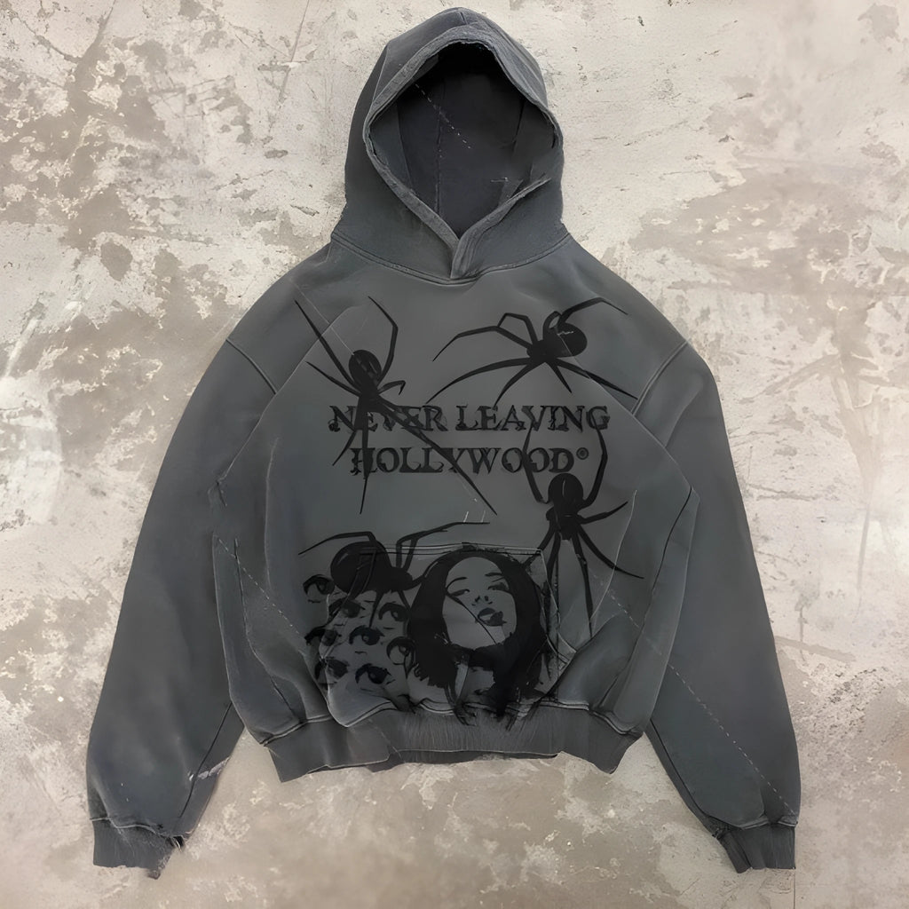 Spider retro loose print hoodie for men and women in dark gray, pullover style with long sleeves