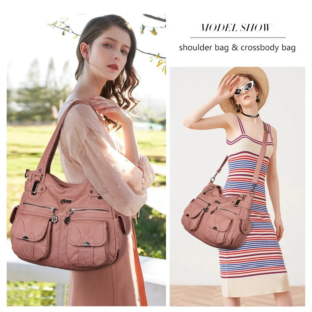Fashion ladies soft PU leather messenger bag in pink with zipper closure and crossbody strap