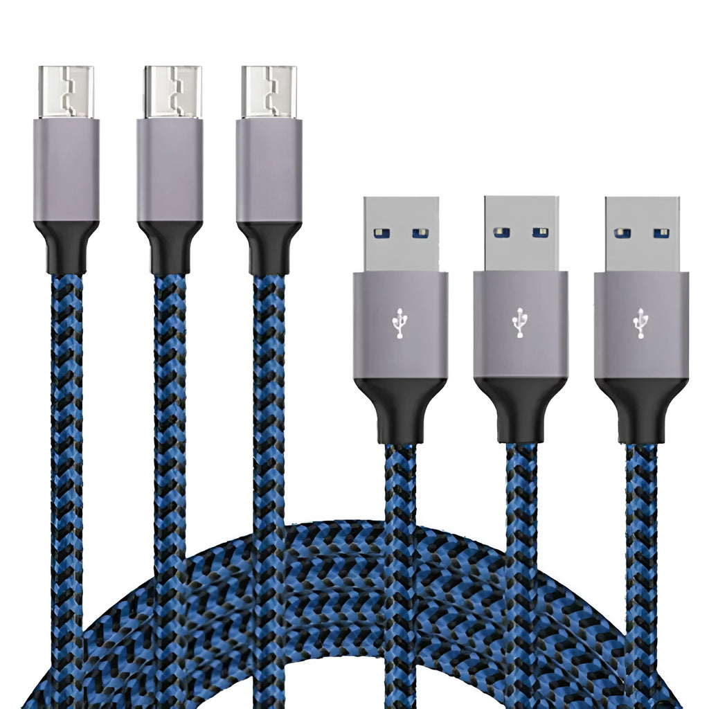 Braided nylon Micro USB charging cable in black and white colour, shown coiled.