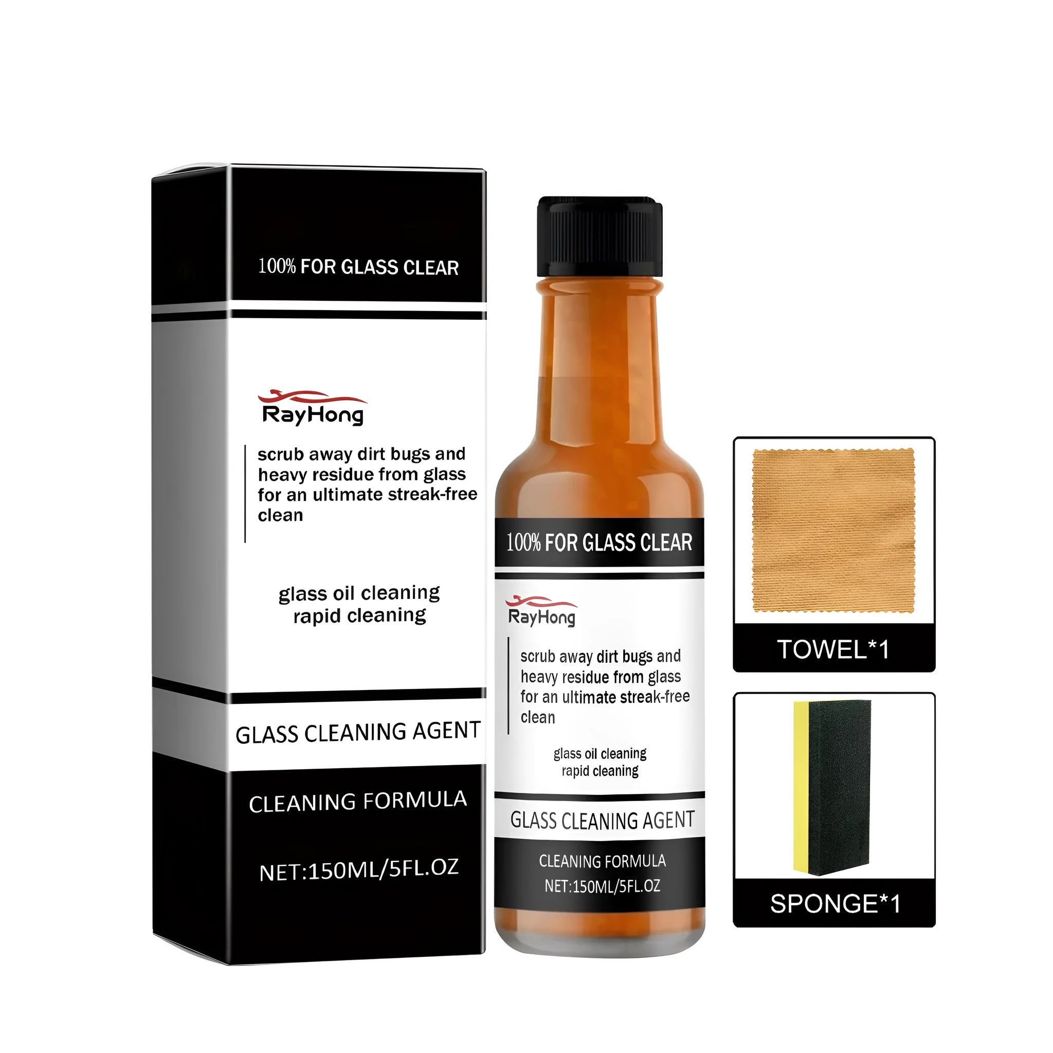 Car glass degreasing film cleaner 150ml bottle with sponge and microfibre towel on a windscreen