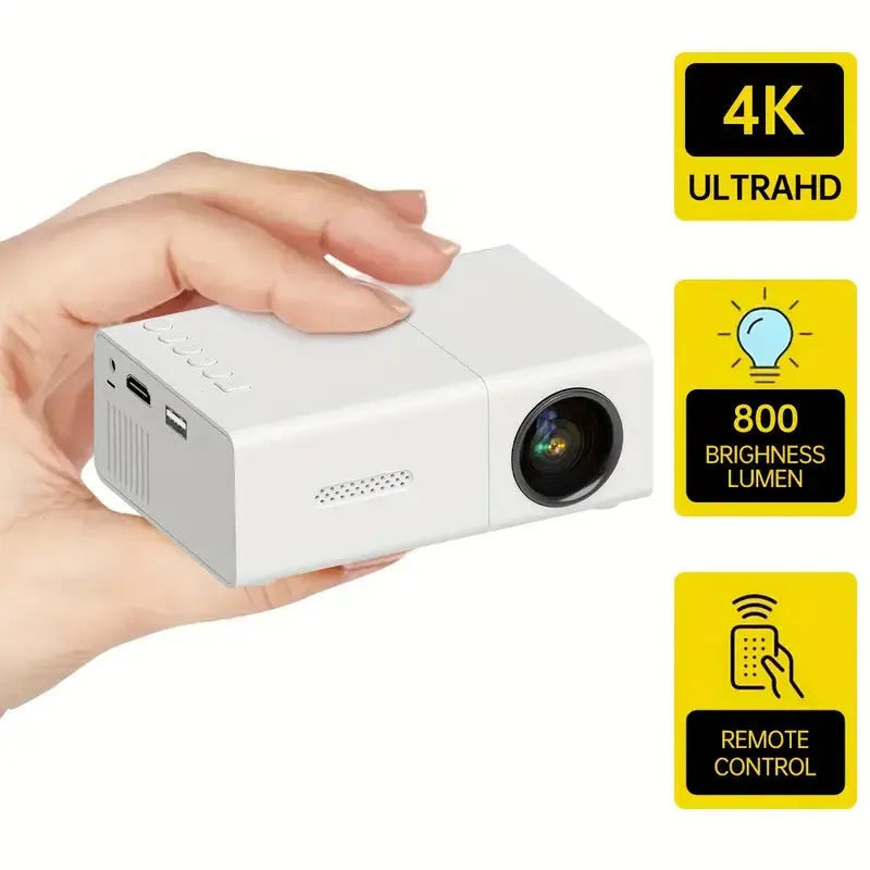 White and black M100 portable LED mini projector with remote control on a table.