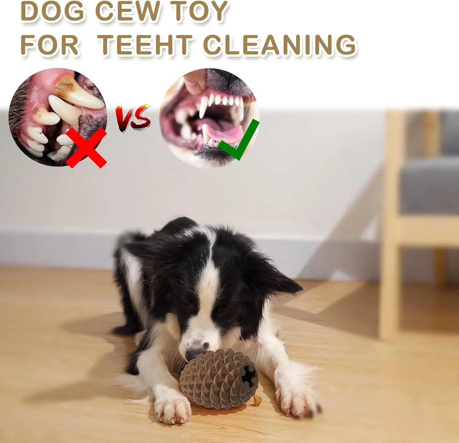 Yellow pine cone-shaped natural rubber dog chew toy with treat dispenser hole.