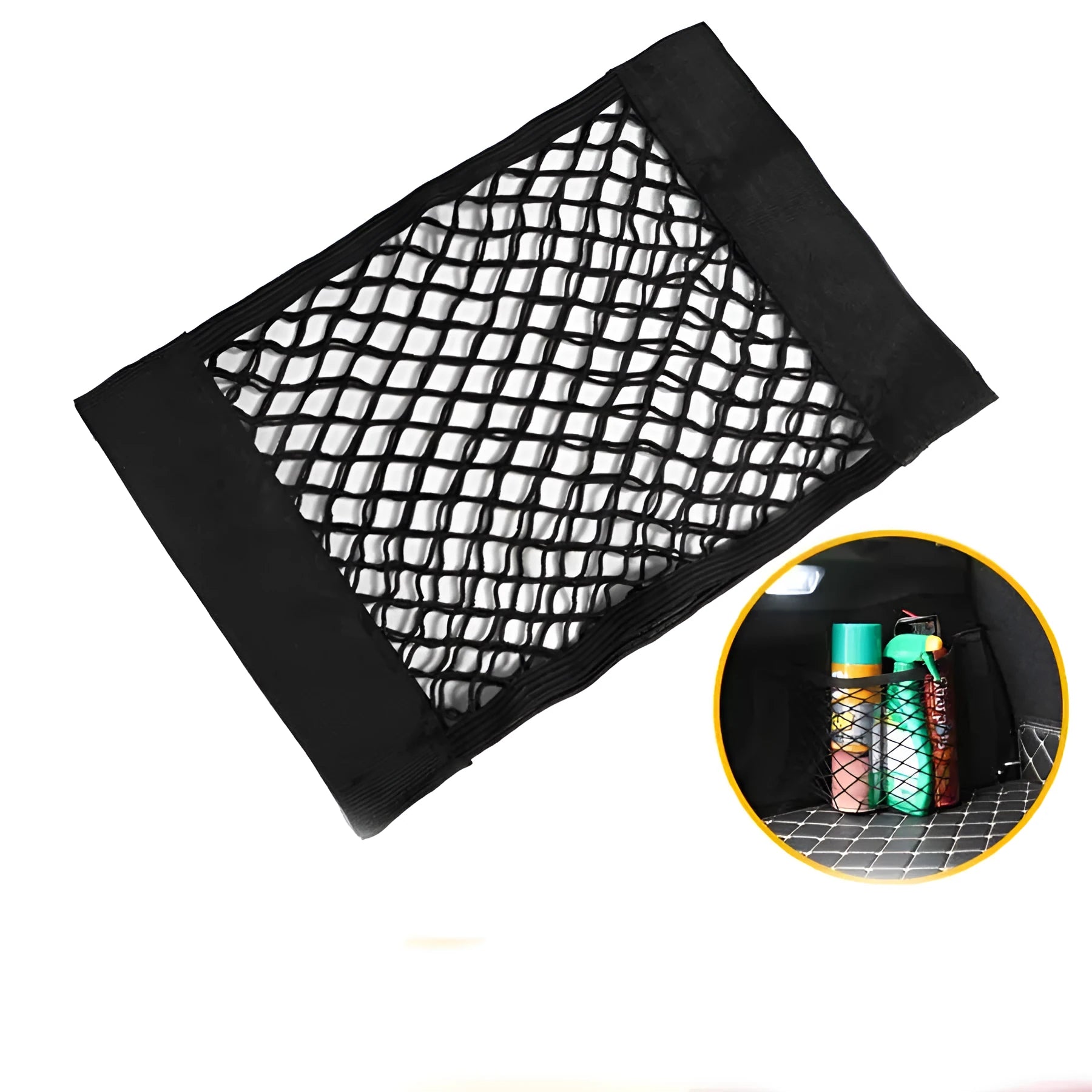 Black double-layer net pocket trunk storage bag made of polyester with adhesive mount for car boot organisation