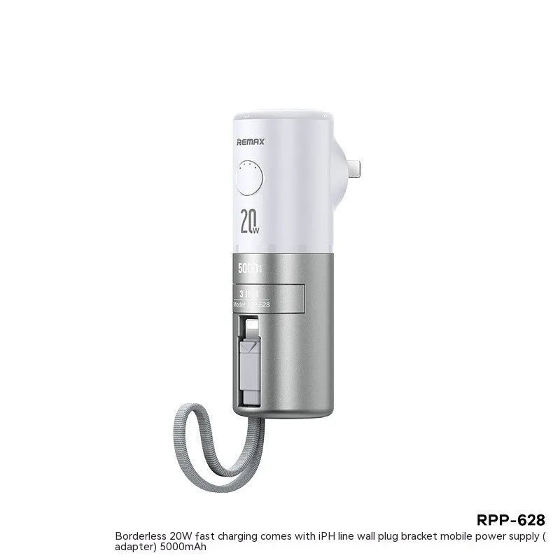 20W fast charge mobile power supply with built-in cable, 5000mAh, 150 x 75 x 46 mm, in silver ink or silver white