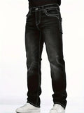 Stretch slim fit black men's cotton denim trousers with straight leg and mid waist