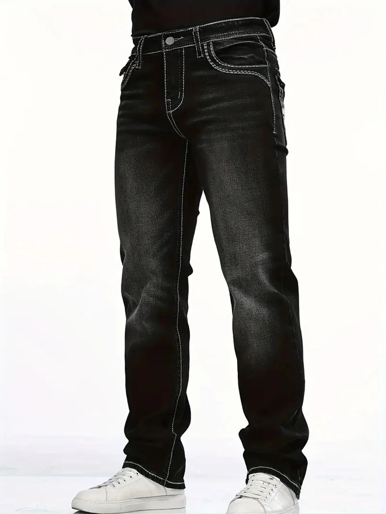 Stretch slim fit black men's cotton denim trousers with straight leg and mid waist