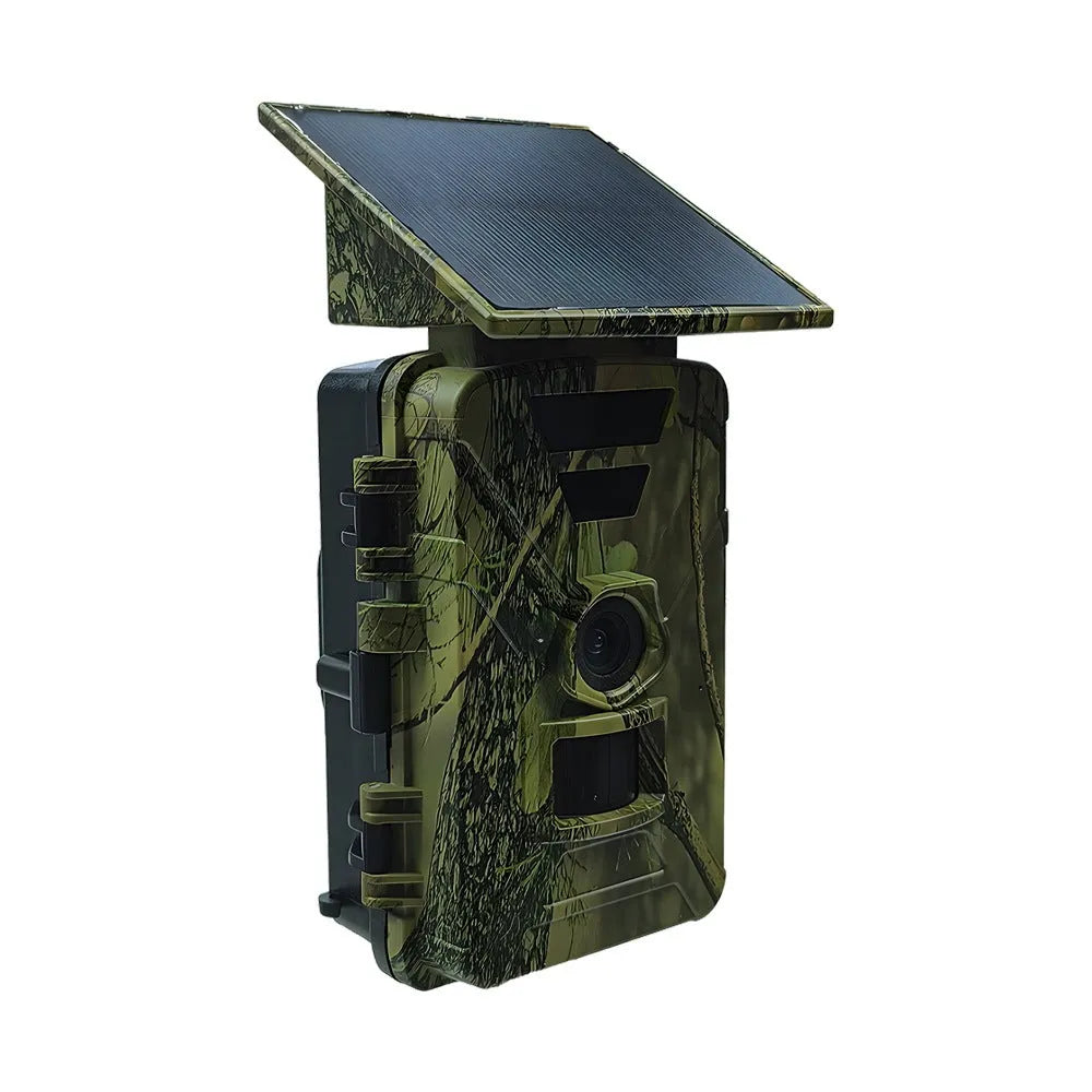 WiFi solar outdoor camera with 8K/5K resolution, Type C charging, and ABS body, 100x75x190mm.