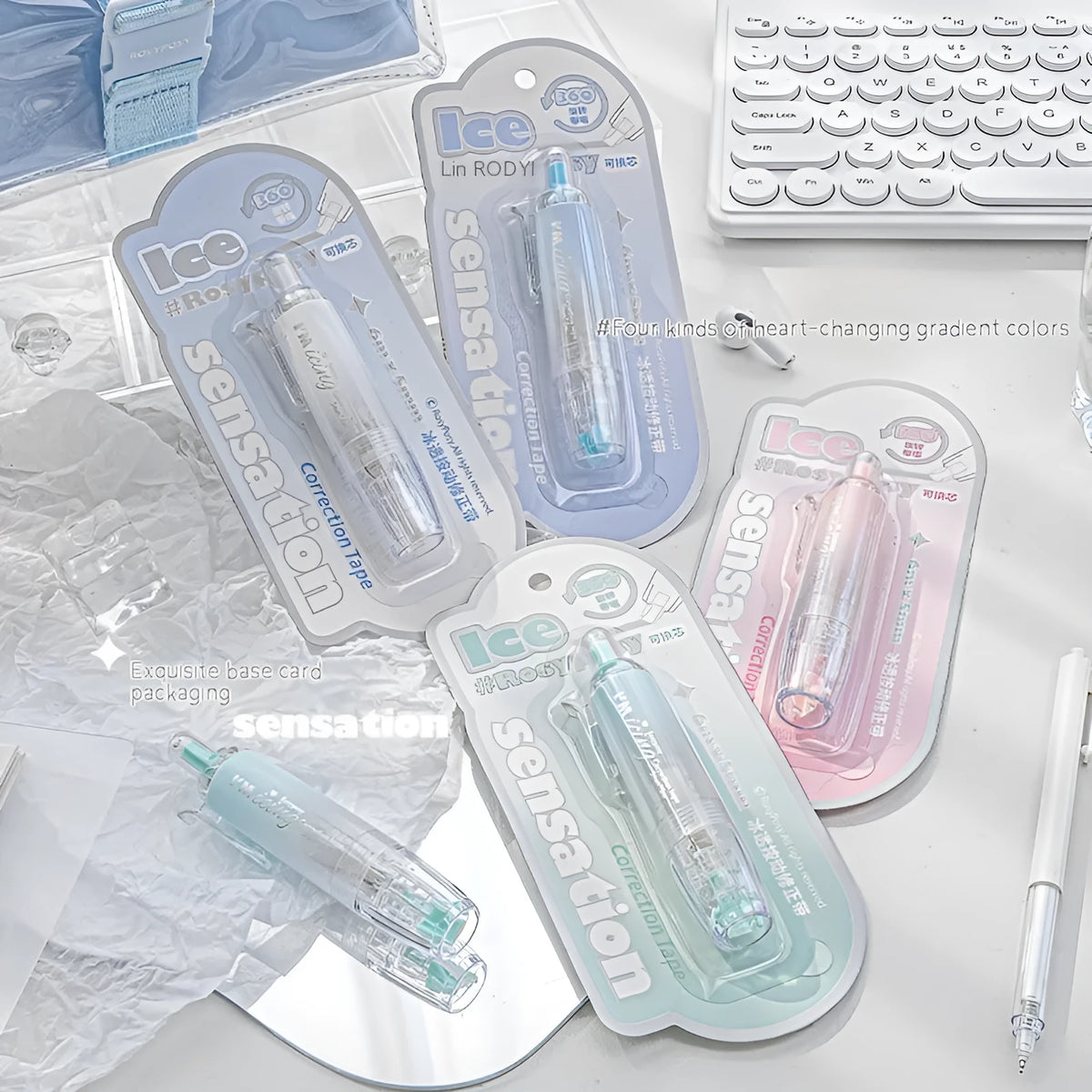 Press correction tape in blue, mint, pink, and white with 5 cm x 6 cm refill core