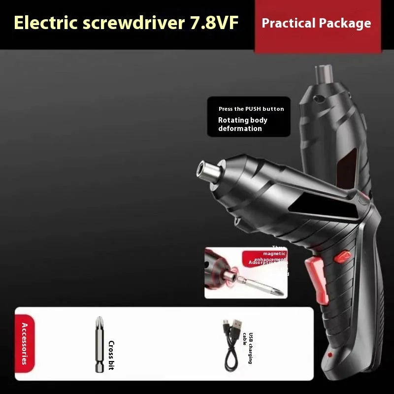 Compact lithium battery electric screwdriver with small gun design and included tool bag.