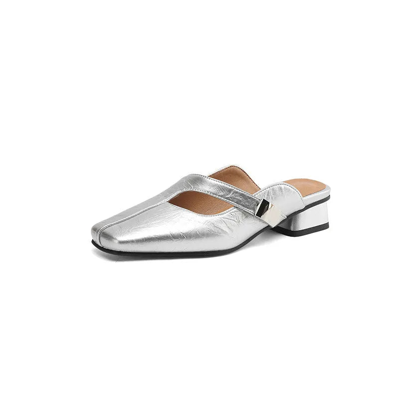 Square head low heel leisure slipper in artificial PU, shown in black, beige, and silver colour options.