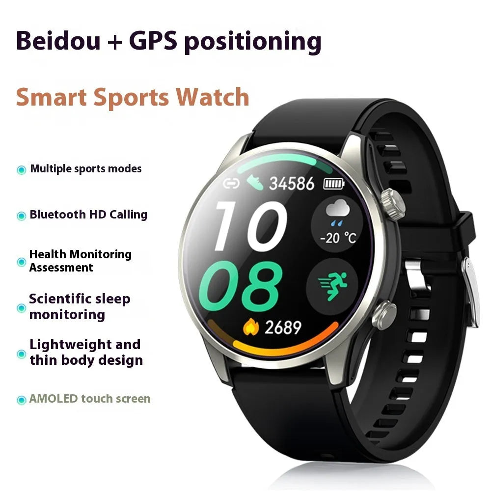 Intelligent outdoor sports watch with alloy case, black or steel colour, touch operation, heart rate monitoring and dual-frequency positioning.