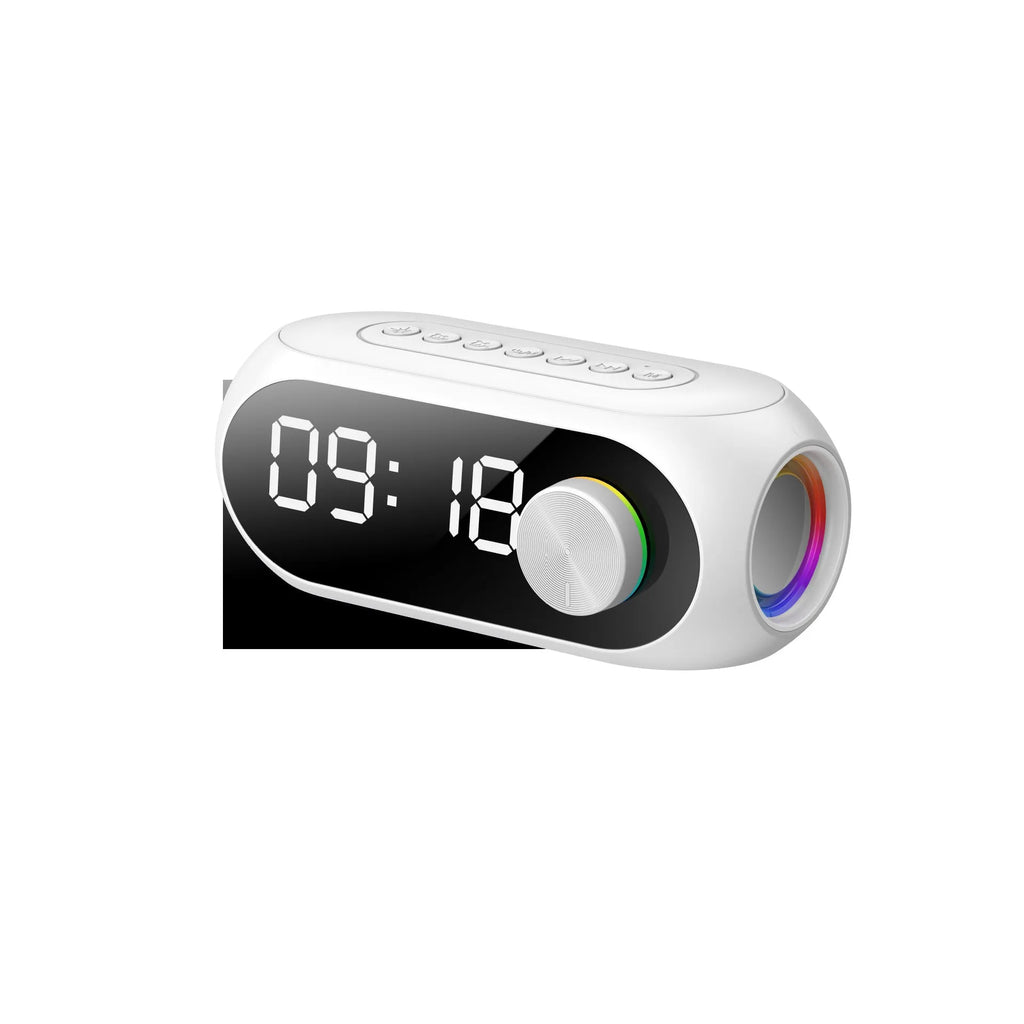 S8 Black portable Bluetooth speaker with extra bass and a digital clock display on its front.