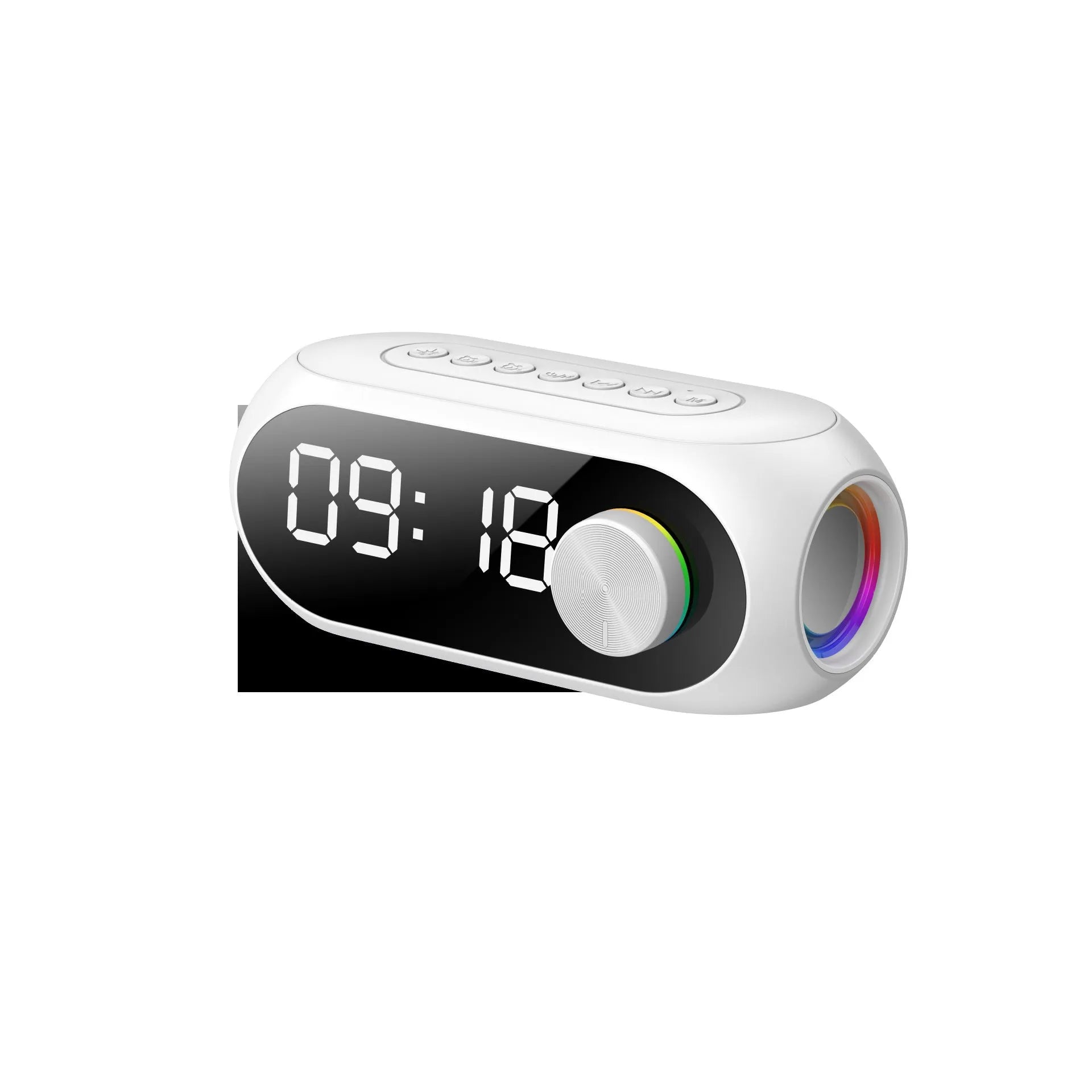 S8 Black portable Bluetooth speaker with extra bass and a digital clock display on its front.