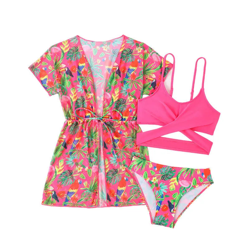 Girls floral pattern split overclothes bikini swimsuit two-piece set