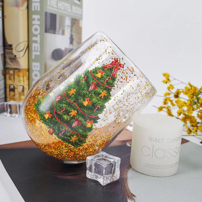 Double-layer Christmas tree glass tumbler with flowing sequins, borosilicate glass, 380ML capacity and 8.6cm x 11.8cm size