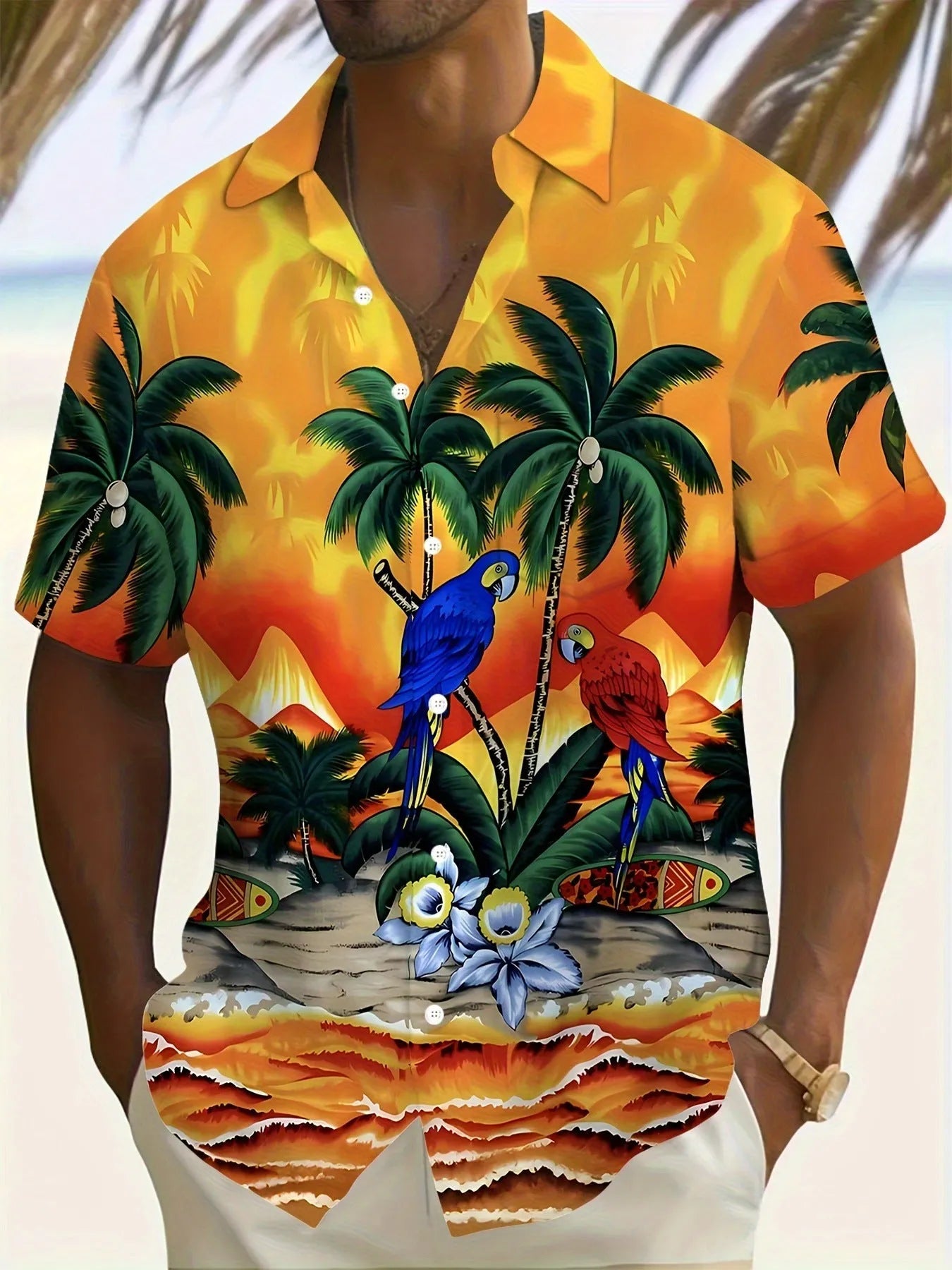 Men's short sleeve shirt with 3D printed floral pattern in loose cardigan style