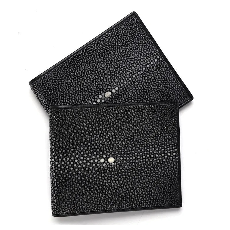 Short horizontal genuine leather cowhide wallet with pearl fishskin lining.