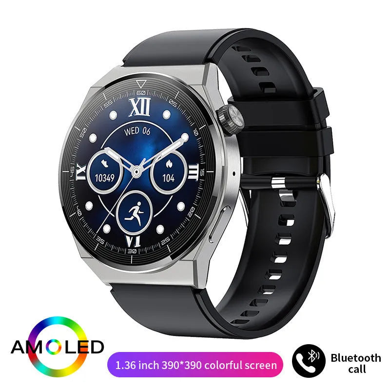Black and silver smartwatch with silicone strap showing a heart rate monitoring display on its touchscreen.