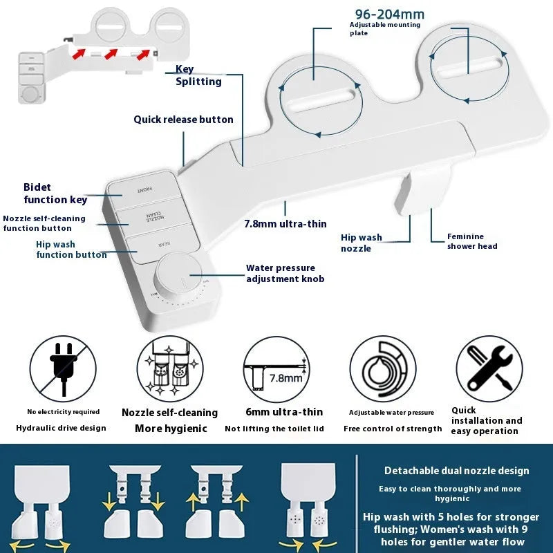 KB06 pure white bidet attachment with control knob, detachable nozzle, and three copper plumbing fittings on a white background.