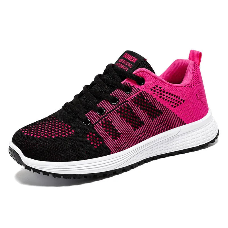 Women's running shoes with Flyknit upper and soft sole in black, rose red or grey pink colours