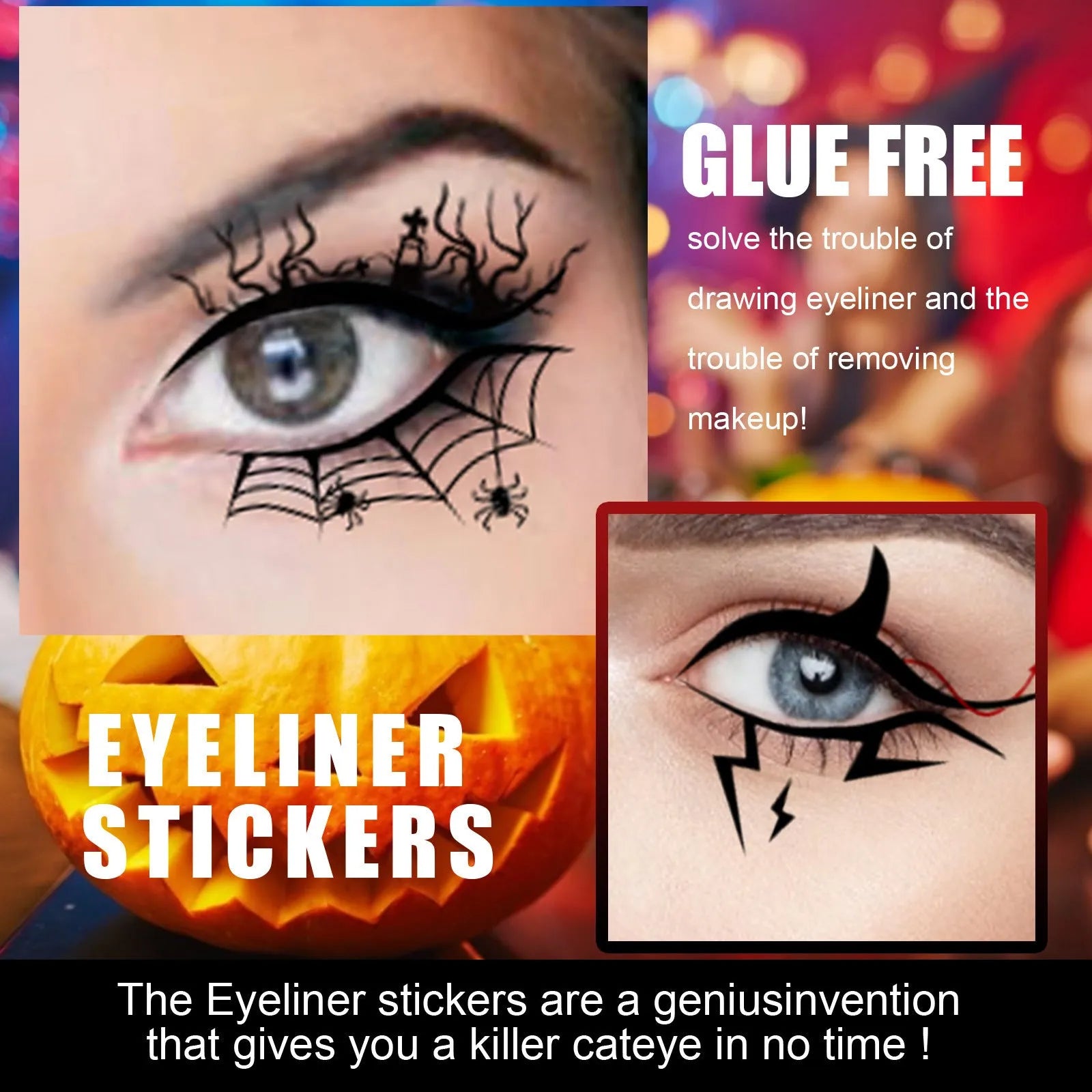 Pack of 8 pairs of bat and spider decorative eyeliner stickers for gothic makeup.