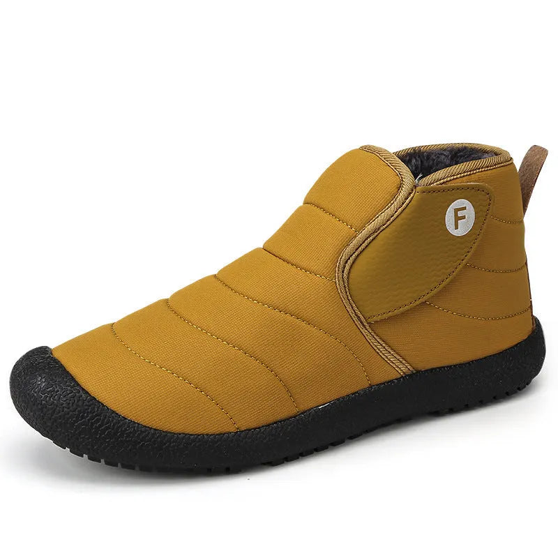 Men's waterproof cotton snow boots in black, shown with a non-slip rubber sole.