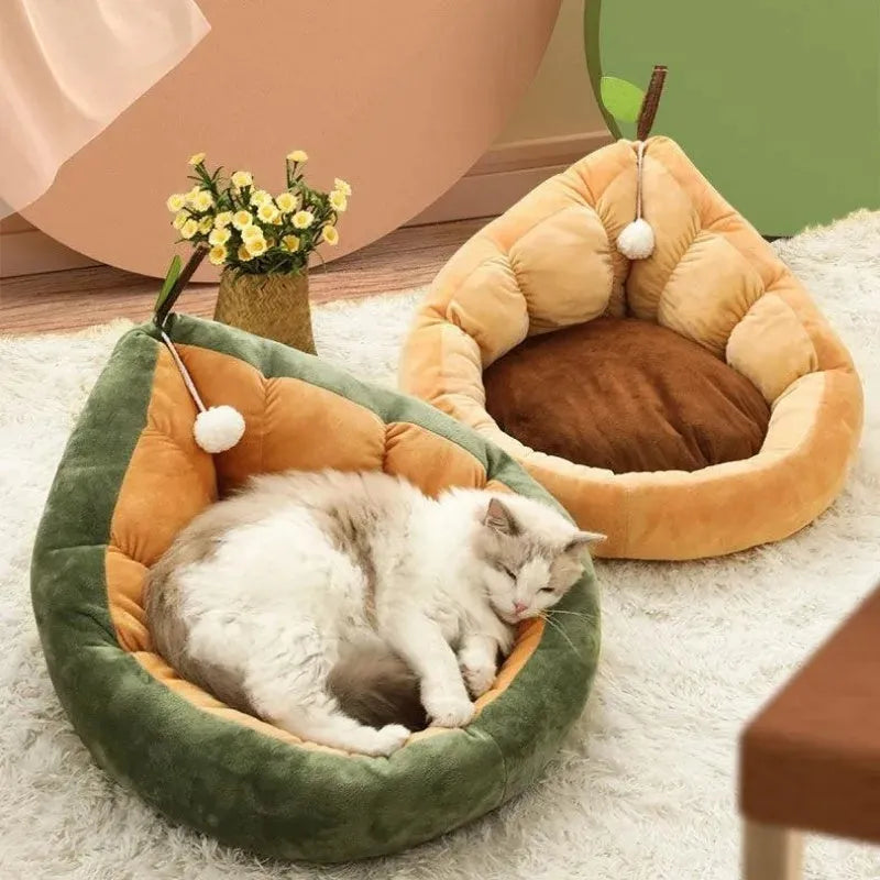 Soft green cotton enclosed pet bed house with removable cushion for a cat