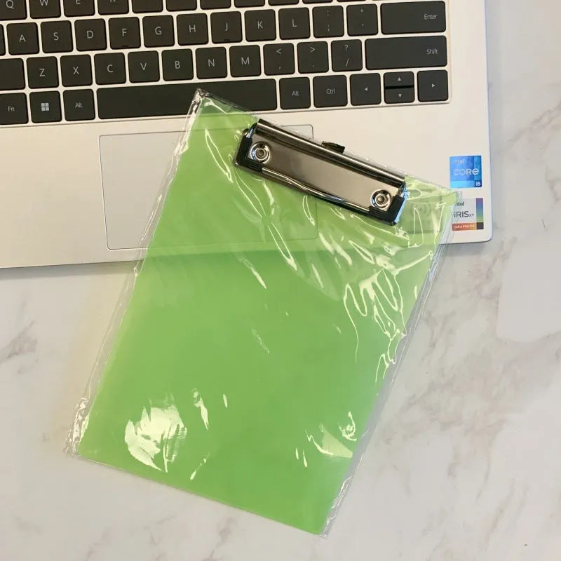 Transparent A4 plate holder with metal flat clip and writing board pad in blue colour