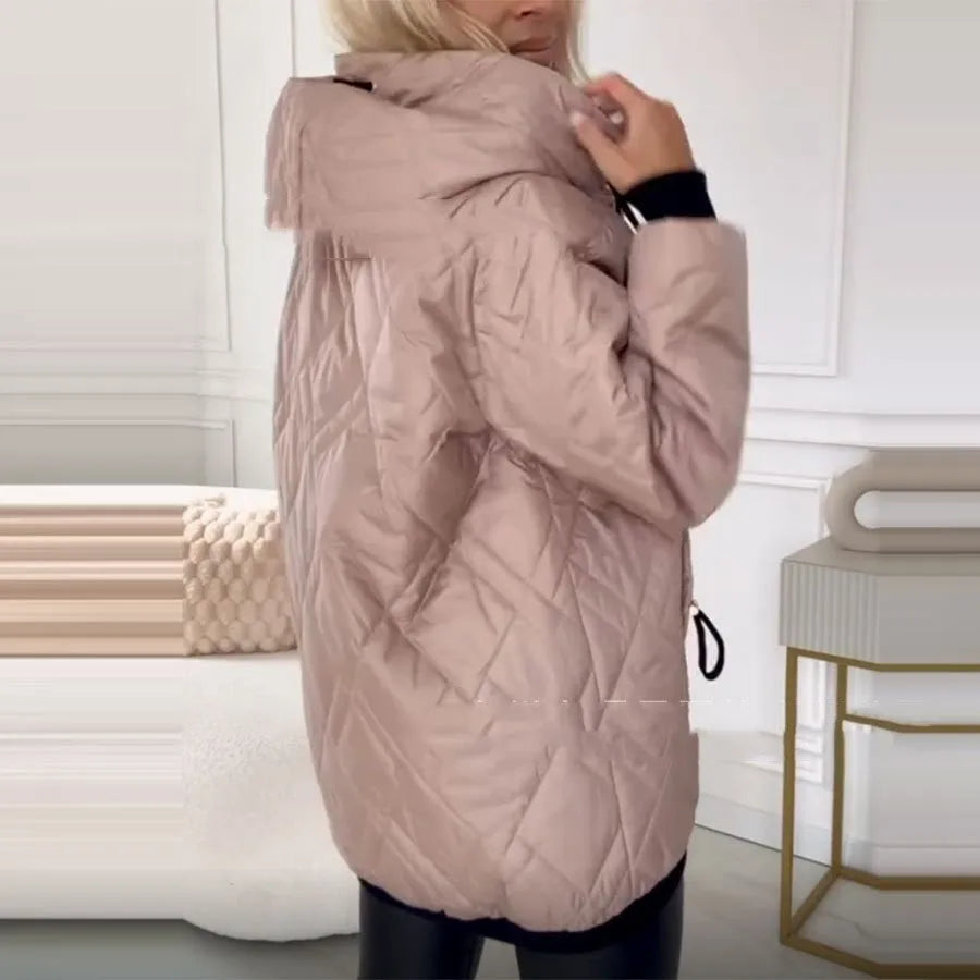 Women's casual hooded coat in black and pink, showing regular long sleeves and size range.