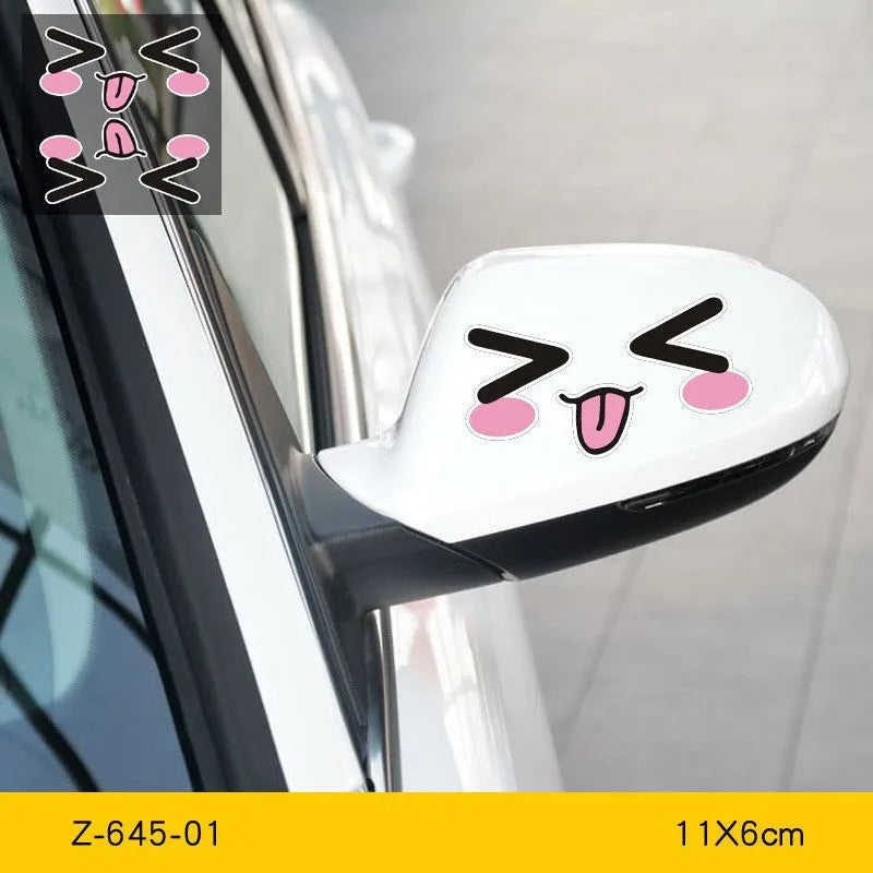 A pair of reflective cartoon eye car stickers made from PET vinyl, designed for vehicle body or rearview mirror.