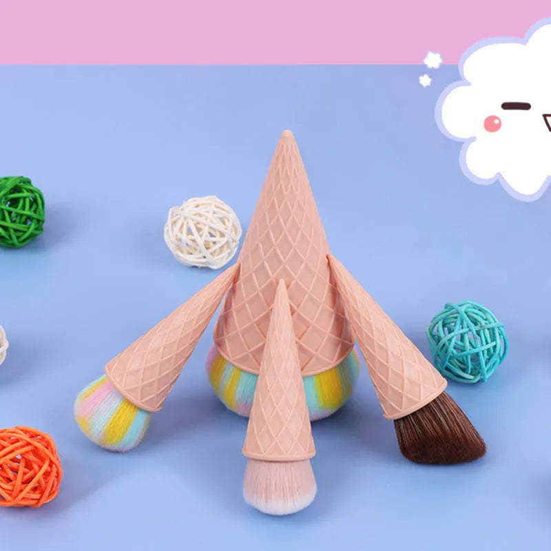 Ice cream cute fibre hair makeup brush set of 4 with artificial bristles and plastic handles in paper box