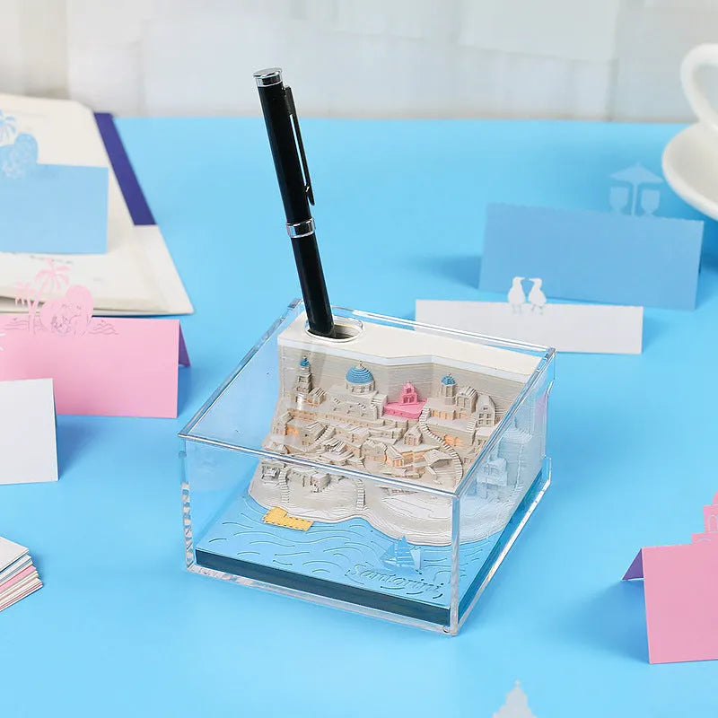 Santorini 3D paper carving notepad building model with lighting decoration showing beach scene design