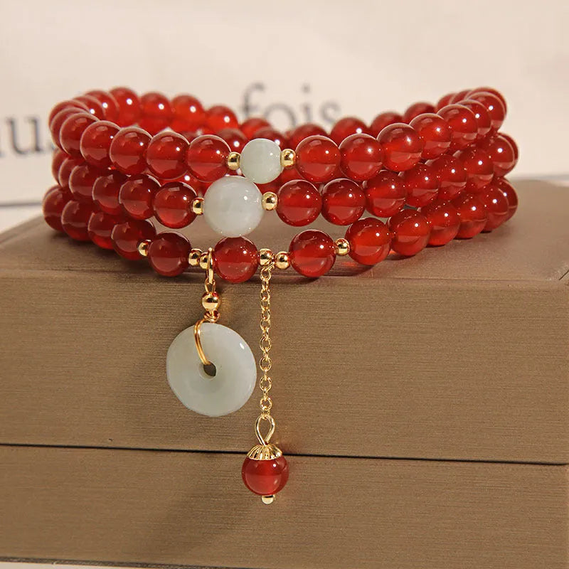 Red agate and crystal multi-layer ethnic bracelet for women with retro styling