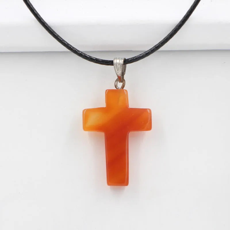 Natural stone cross marble pattern crystal pendant necklace in retro geometric shape, available in 25 colours, with alloy setting and snake bones chain