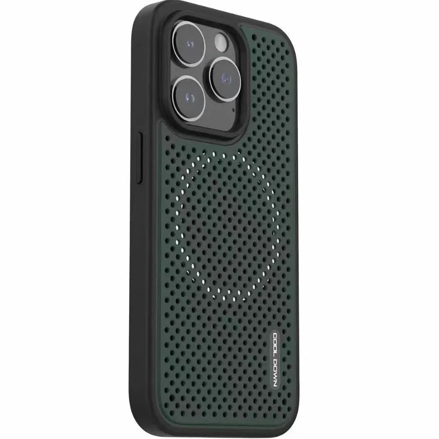 Cooling grid magnetic TPU phone case for Apple iPhone in white, black, purple, or pine needle green.