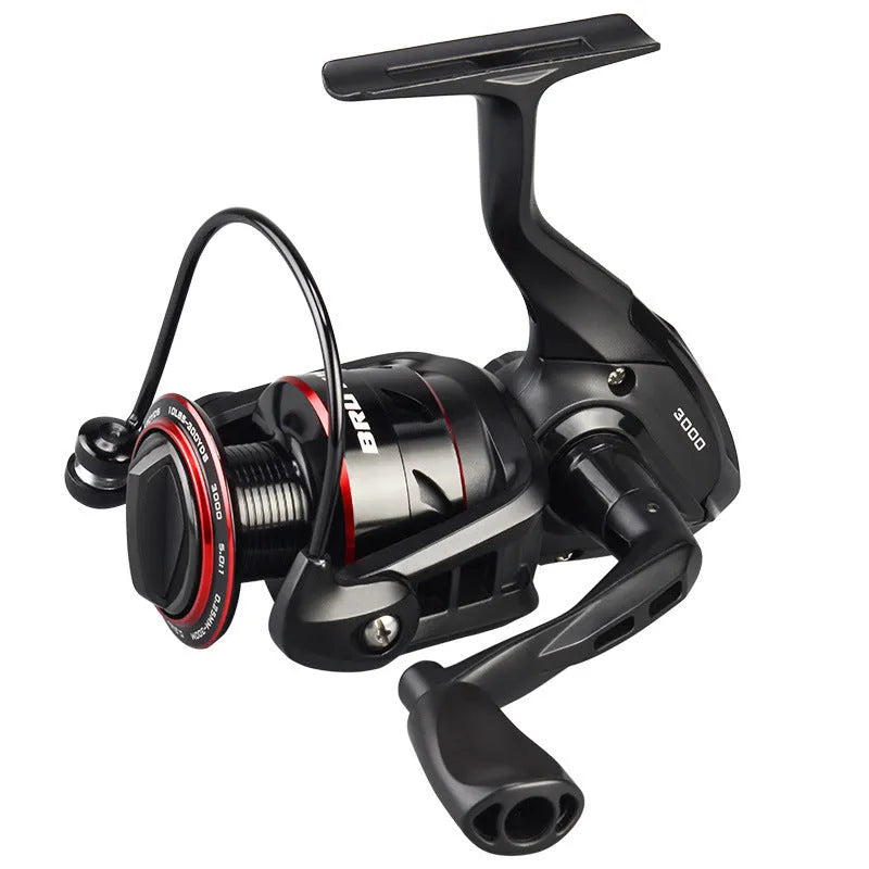All-metal spinning fishing reel shown in four series sizes with telescopic fishing rod