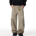 Loose straight-leg cotton cargo pants with multi-pocket design, zip fly, Charcoal Gray or Khaki, sizes S to 2XL