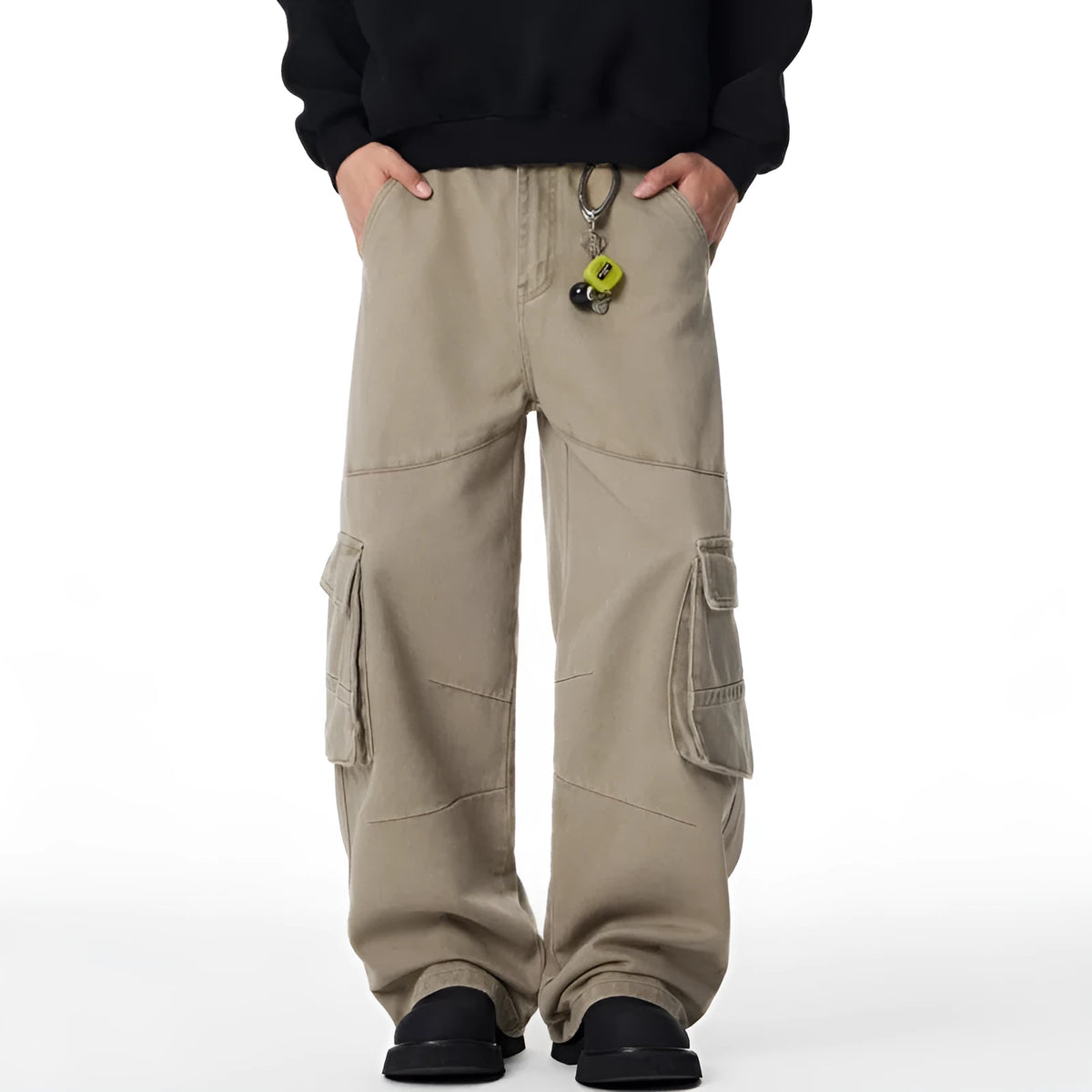 Loose straight-leg cotton cargo pants with multi-pocket design, zip fly, Charcoal Gray or Khaki, sizes S to 2XL