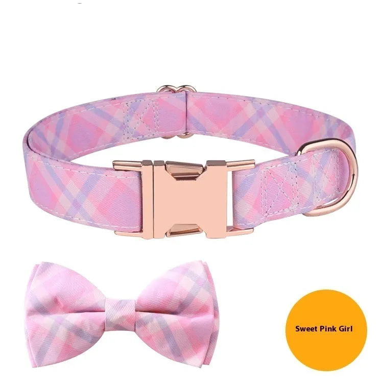 Polyester pet collar with decorative bow and rose gold buckle in multiple colour patterns
