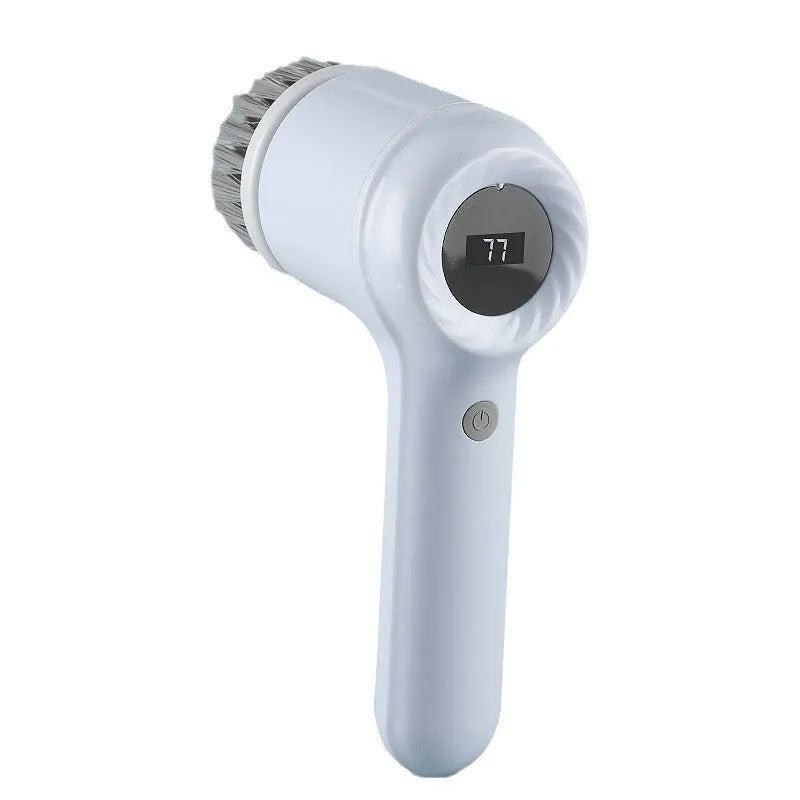 USB rechargeable electric cleaning brush in light grey or purple with multiple interchangeable cleaning heads