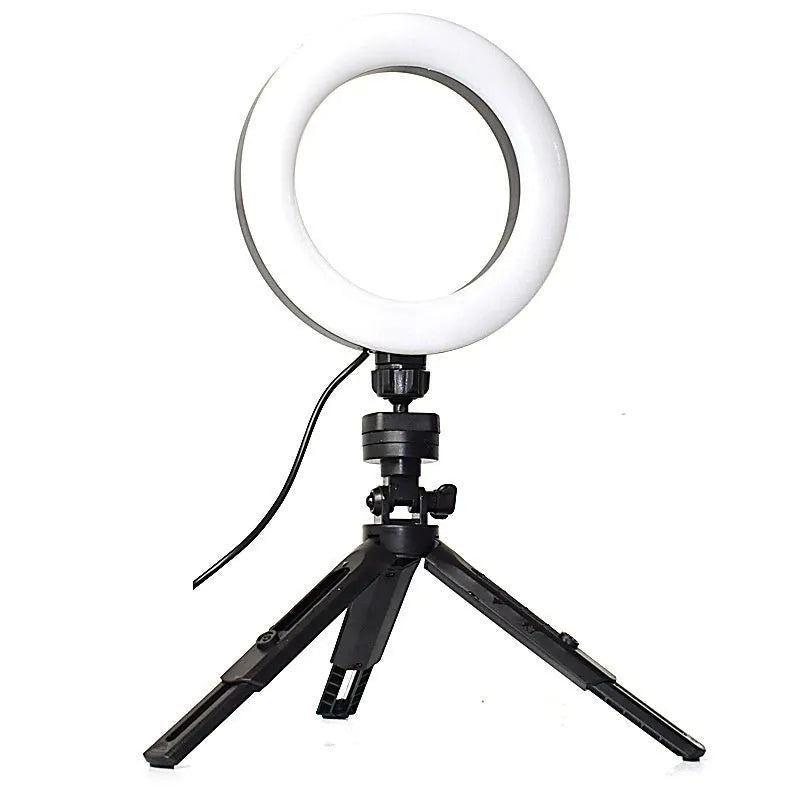 Black desktop mobile streaming bracket with adjustable colour fill light on tripod stand
