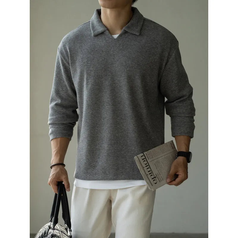 Men's casual drop-shoulder V-neck long sleeve polo shirt in gray, made from polyester fibre blend.